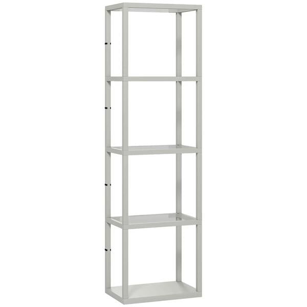 Grey four-shelf floor lamp with open rectangular shelving frame