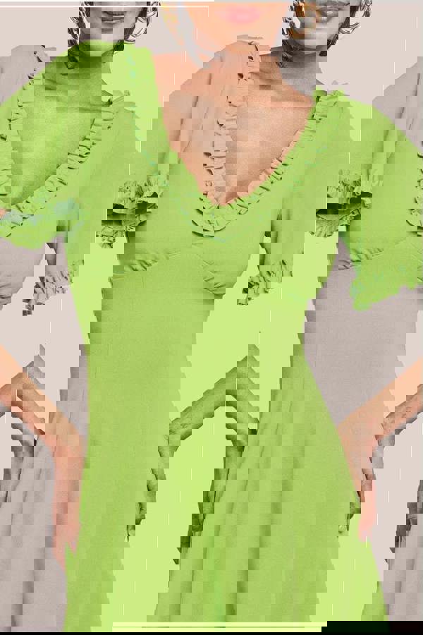 Flare Sleeve Frill Edge Midi Dress - Lime Green DR4313