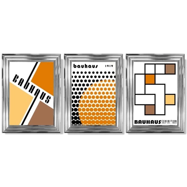 Set of 3 Bauhaus Orange Modern Framed Art Prints with Glossy Chrome Frames