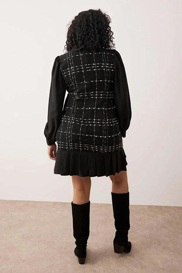 WOVCOR Shirt Collar Plaid Mini Tweed Dress
