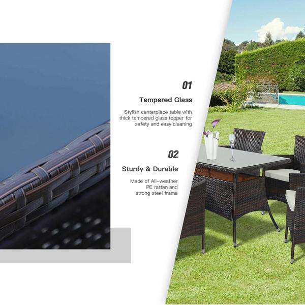 Brown rattan outdoor dining set with tempered-glass tabletop and cushioned armchairs