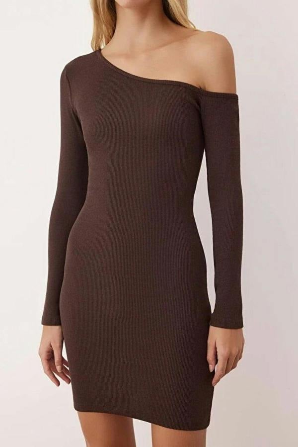 WOVCOR Asymmetrical Collar Mini Ribbed Knit Pencil Dress