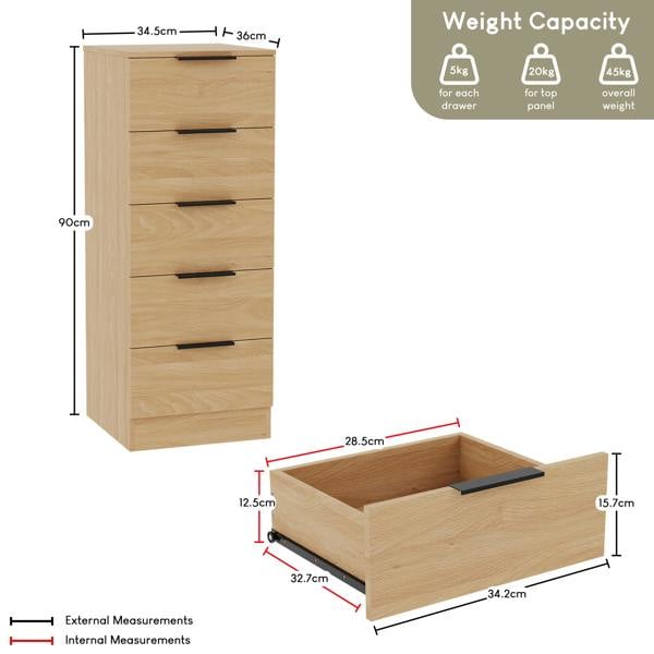 Vida Designs Trega 5 Drawer Narrow Chest, Black