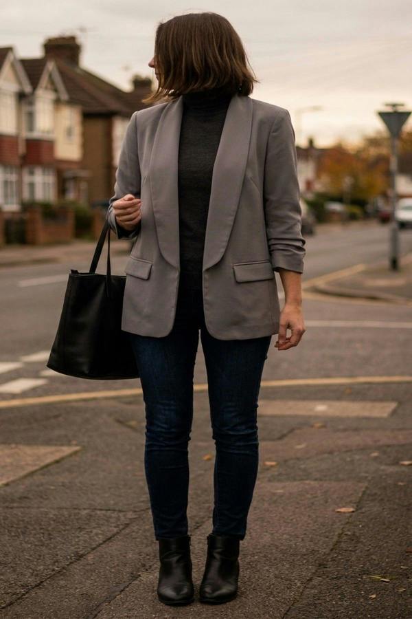 Valerie Ruched Sleeve Open Front Blazer Jacket With Front Pockets - Grey