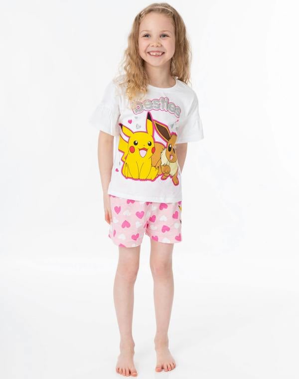 Pokemon Unisex Kids White Pikachu, Eeevee Short Sleeve Short Leg Pyjama Set