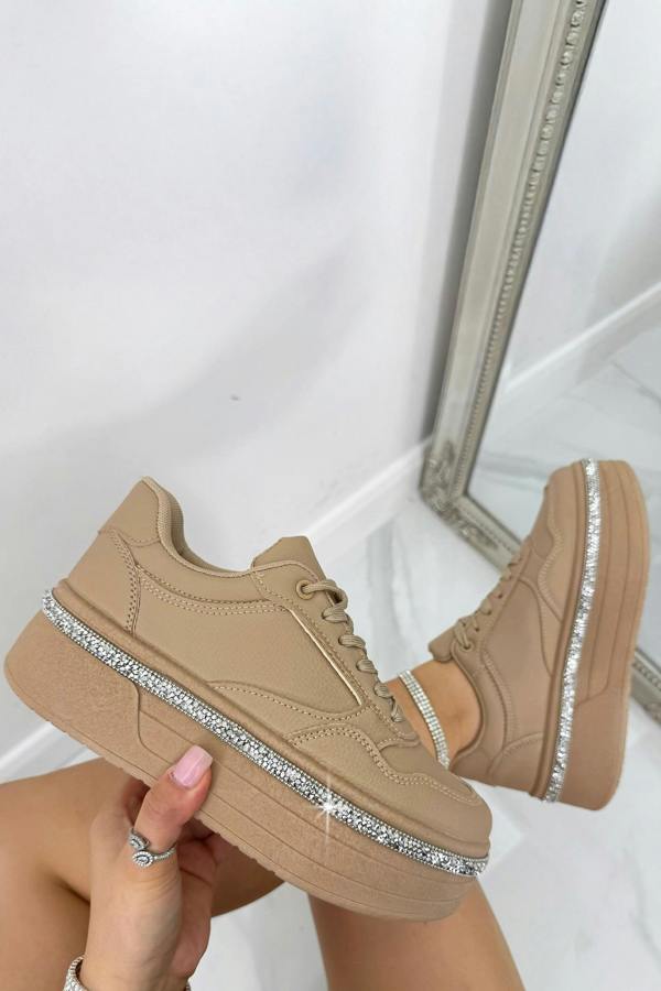 Crystal Diamante Trim Platform Trainers Mocha, showing chunky platform sole for added height and comfort