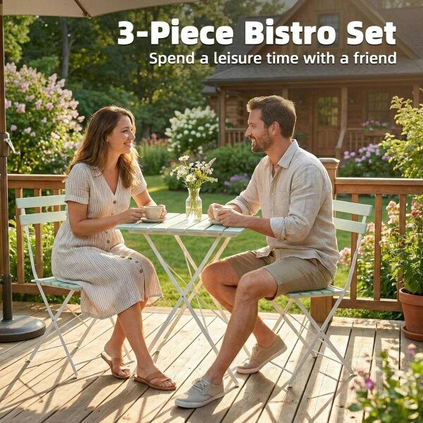 Outdoor Bistro Set Folding Patio Furniture Set with 2 Chairs Table for 2 People White and Green
