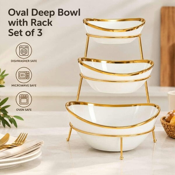 Dyzi 3 Tier Oval Serving Bowl Set with Metal Rack White & Gold