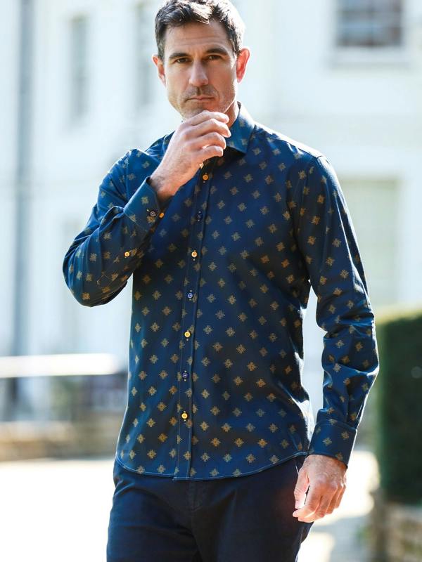 Claudio Lugli Talisman Mosaic Print Men's Long Sleeve Satin Cotton Shirt