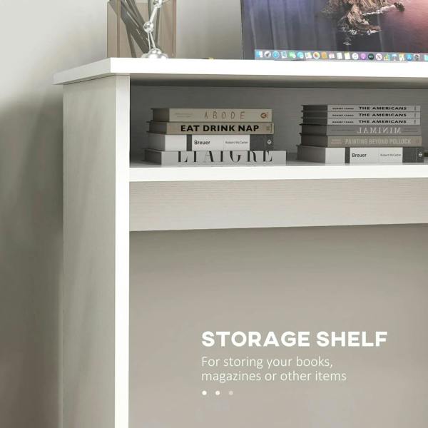 White wood-grain desk with storage shelf and books on middle tier under tabletop