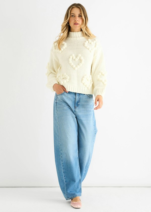 Gini London Cream Heart Bubble Chunky Knit High Neck Jumper
