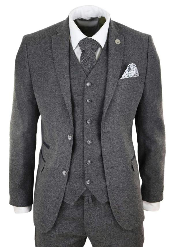 TruClothing Mens 3 Piece Grey Wool Tweed Vintage Retro Suit