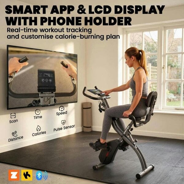 4-In-1 Folding Exercise Bike with Resistance Bands, Bluetooth App, 8-Level Magnetic Resistance, LCD Display, Black