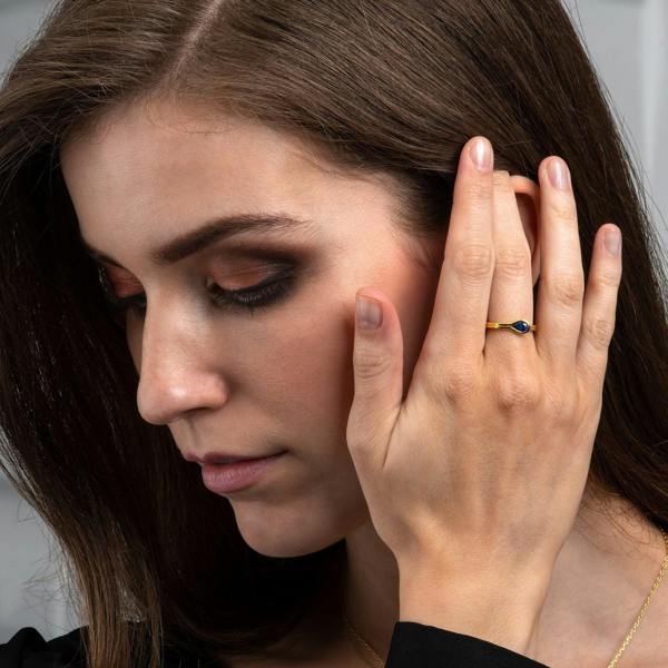 Adjustable Gold Plated Pear Shaped Blue Ring for Women - namana.london