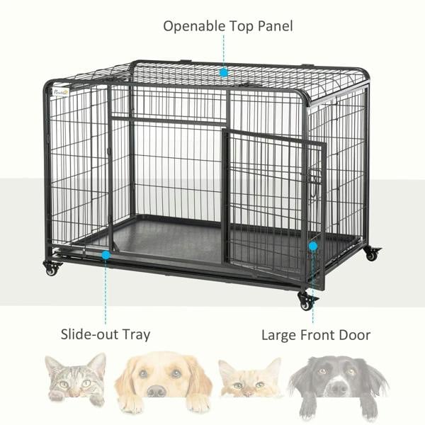 Dark grey metal dog kennel with openable top panel, slide-out tray and large front door
