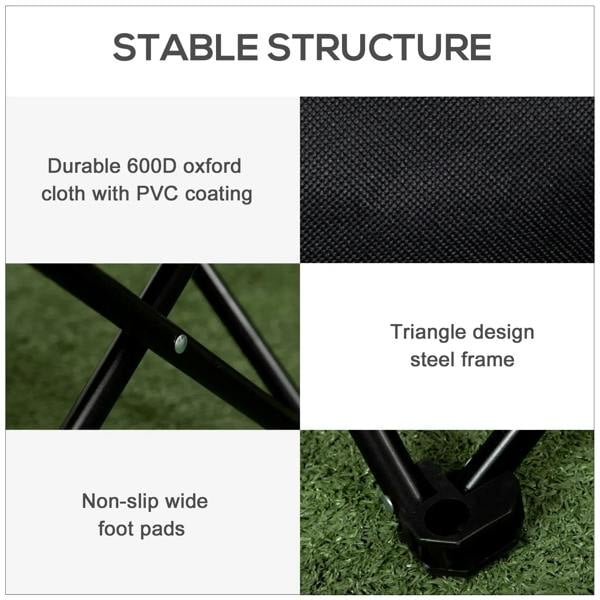 Black folding camping chair with textured oxford fabric and triangular steel frame