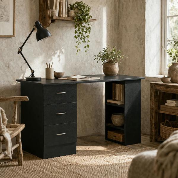 Wyld Haus Tonosa 120cm Wooden Black Study Desk With 3 Shelves And 3 Drawers