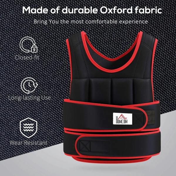 Black weighted vest with red trim, padded front belt with logo patch