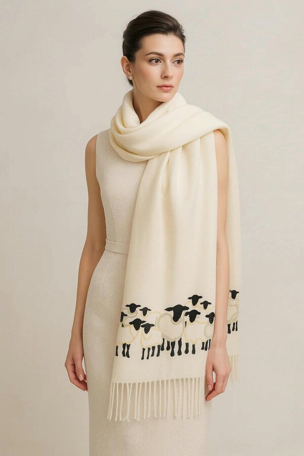Art on Scarves Cashmere Feel Luxury Scarf Handprinted with Sheep