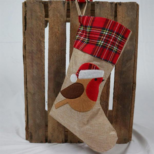 45cm Large Christmas Robin Print Hessian Stocking for Fireplace and Home Decor image 3