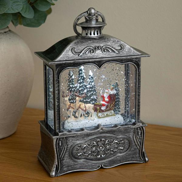 Samuel Alexander 22cm Dual Powered Silver Santa Sleigh Christmas Water Spinner Lantern