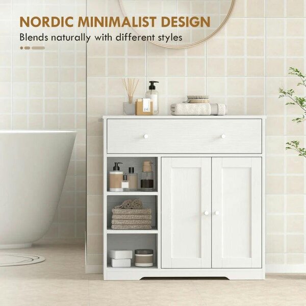Bathroom Floor Cabinet, Freestanding Bathroom Cabinet with Drawer, Door, Open Shelves, White