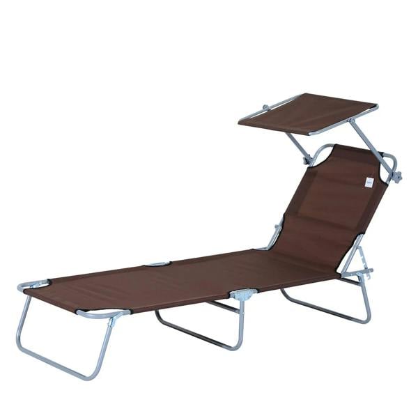 Brown 4-level adjustable outdoor sun lounger chair with metal frame and sun shade awning