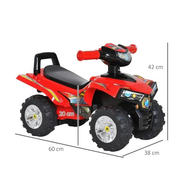 Red four-wheeler ride-on quad bike with black seat and front handlebar
