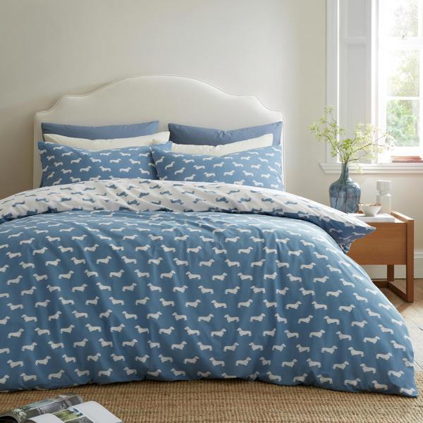 Emily Bond Peggy Dachshund Cotton Reversible Duvet Cover Set Cream / Blue