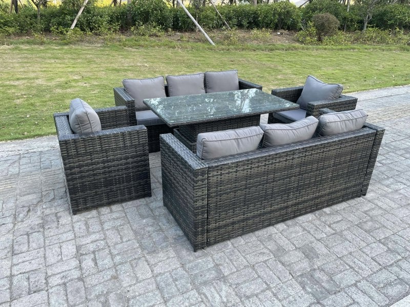 Fimous Outdoor 8-Seater Garden Rattan Sofa & Chairs Set with Adjustable Height Dining Table - Dark Grey