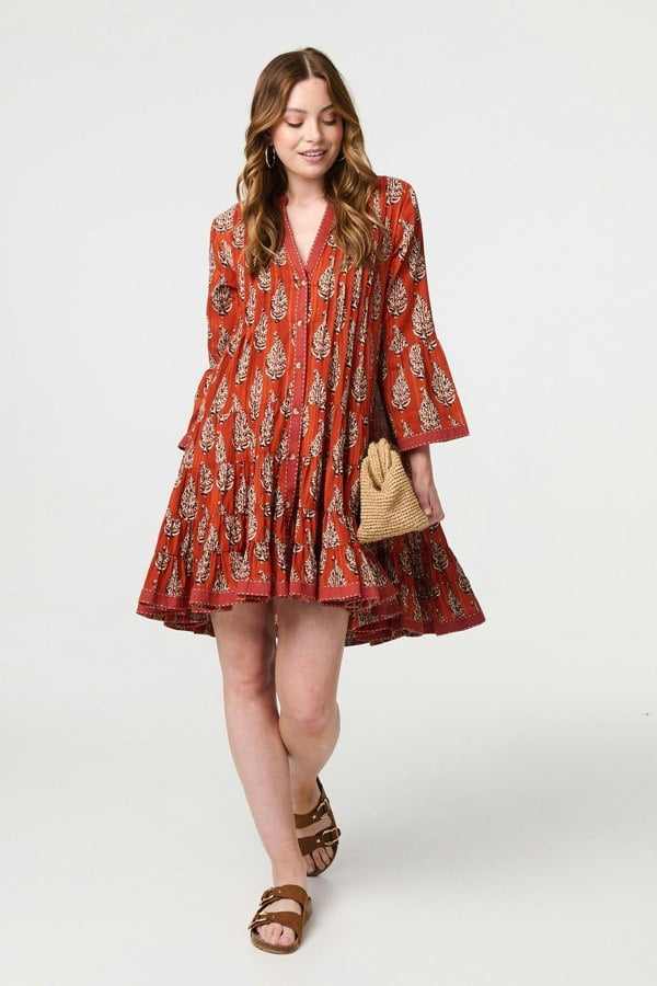 Orange | Feather Print Flare Sleeve Short Dress
