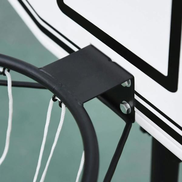 Black mounting arm and net support bracket on basketball hoop stand, close-up