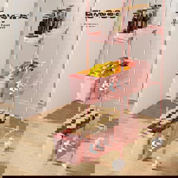 Levede 4 Tier Kitchen Storage Trolley Cart on Wheels for Narrow Space Metal Pink