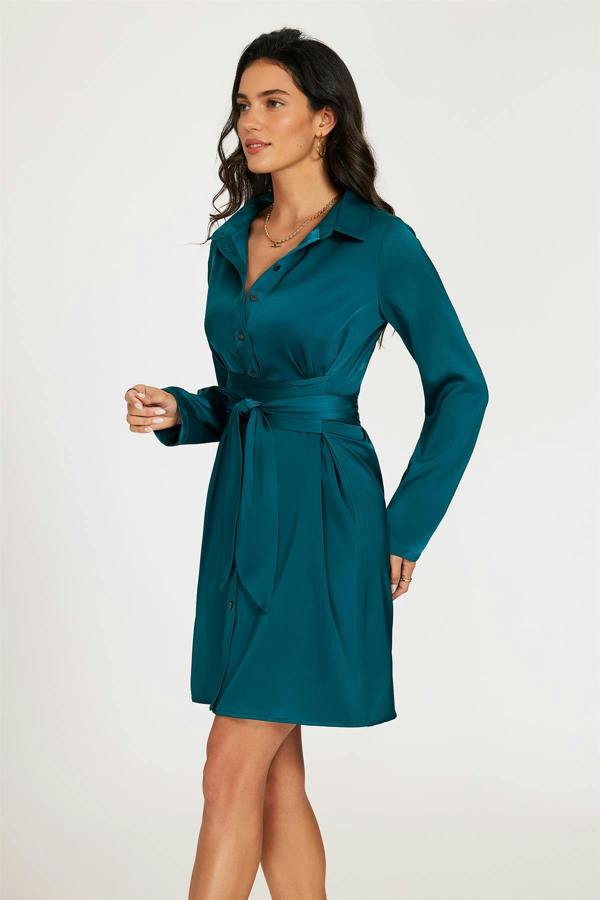 FS Collection Satin Wrap Tie Mini Shirt Dress In Teal