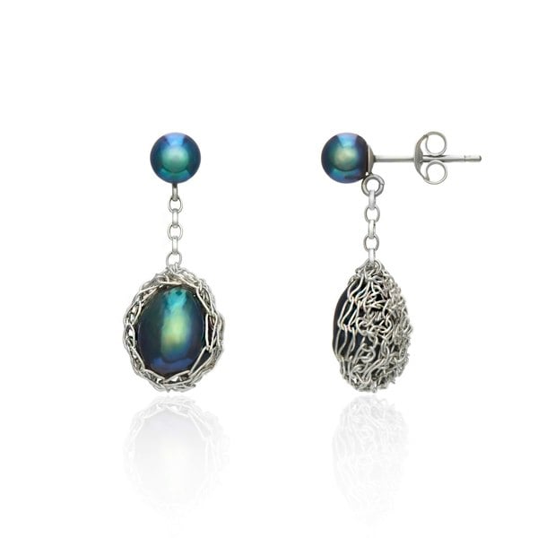 Aelita Jewellery Hand Crocheted Fine Silver Dangle Earrings With Peacock Pearls