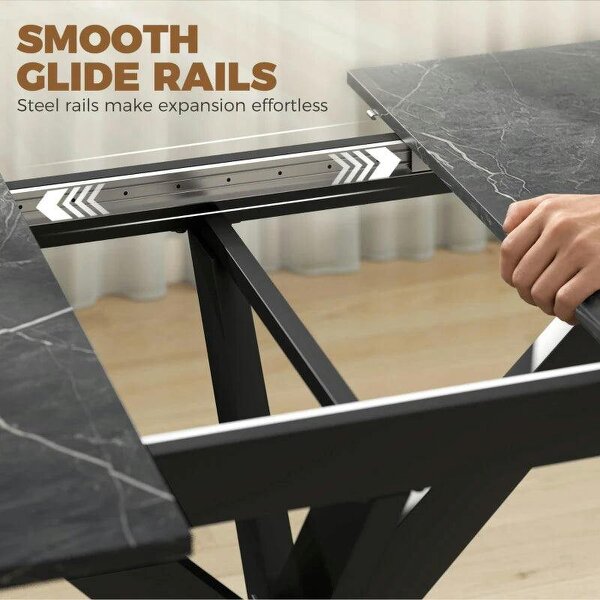 Extendable Dining Table Steel Cross Legs Steel Rails Space Saving Black