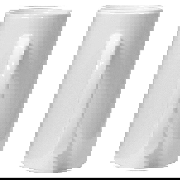 Glossy white ceramic mug with curved handle, 11oz capacity, smooth surface.