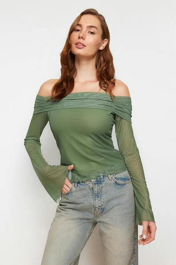 Hoxton Gal Off-Shoulder Knit Blouse with Tie Detail and Flared Sleeves