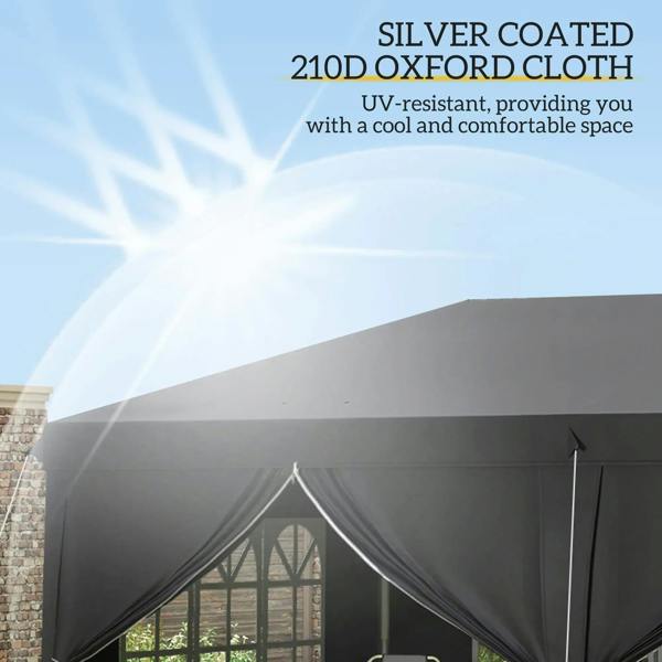 Black canopy roof of a pop-up tent with window opening at the side