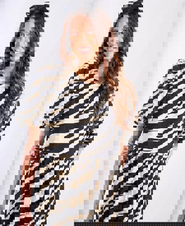 Cream Animal Viscose Puff Sleeve Midi Dress