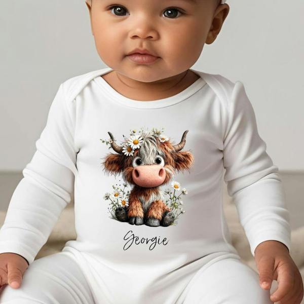 Personalised Daisy Highland Cow Baby Grow, Vest or Bib with Name