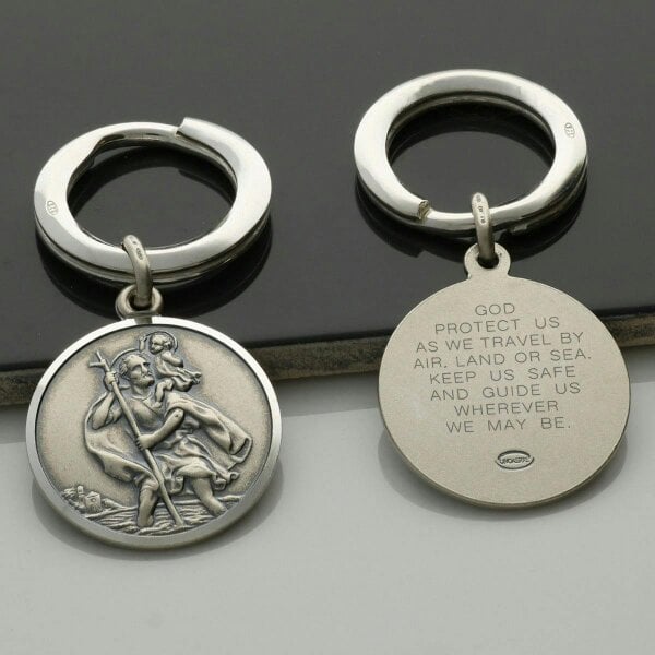 Christopher James of London Antique Finish Sterling Silver 24mm St Christopher Keyring With Travellers Prayer