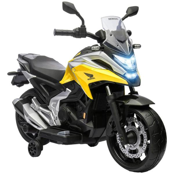 Kids electric motorbike with Honda badge, yellow/gray body, front headlights and screen
