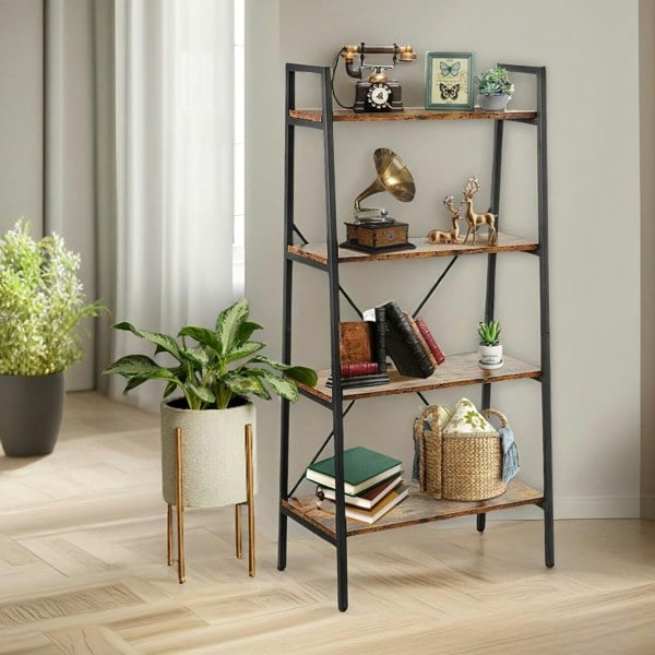 Rafaelo Mobilia 4 Tier Free Standing Ladder Shelf For Living Room Storage Rustic Brown