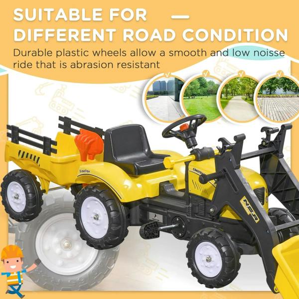 Yellow kids pedal go-kart excavator with chunky anti-slip wheels and front loader