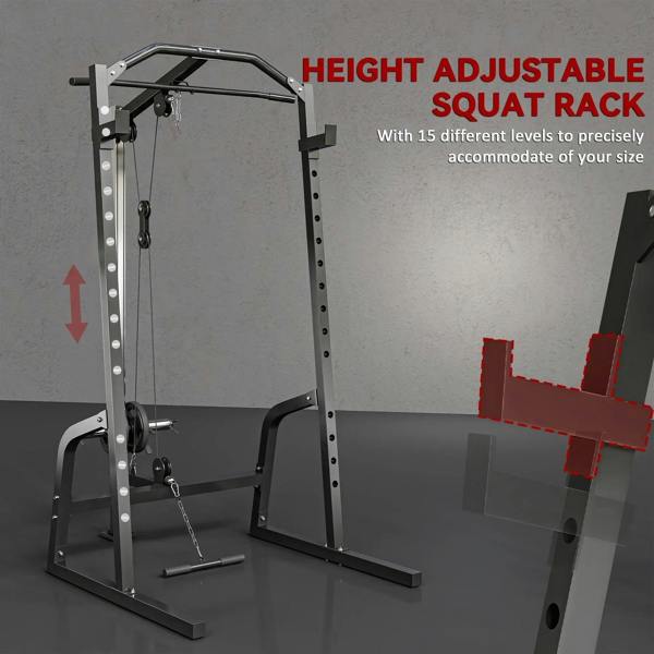 Black height-adjustable squat rack frame with multi-level pin positions and bench support