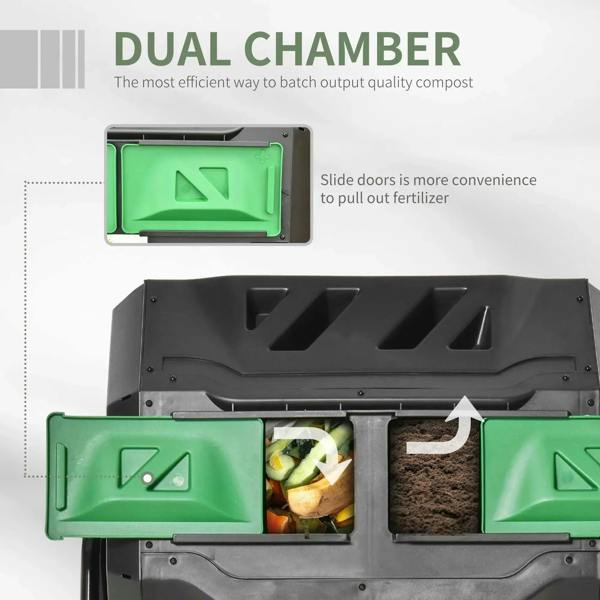 Black dual-chamber composter with green slide doors showing two compost chambers