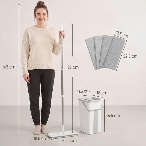HOMCOM Mop and Bucket Set, Flat Mop System with Wringer, 2 Chambers, White