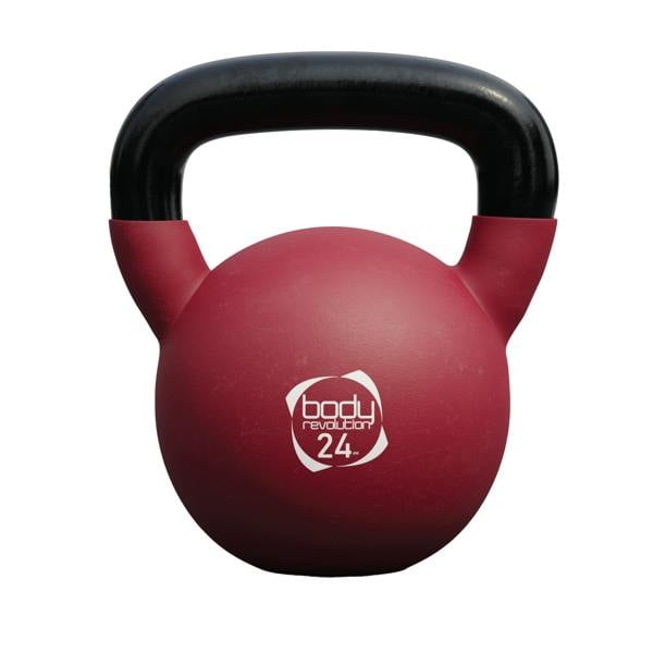24kg Body Revolution kettlebell in vibrant red with a textured surface and sturdy black handle for secure grip during workouts