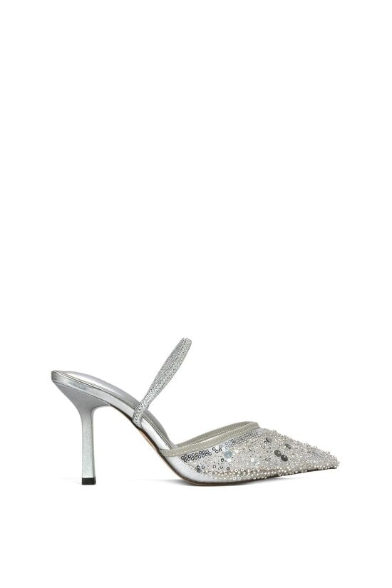 XY LONDON Slingback Stiletto High Heel Rhinestone Embellished Court Shoes - Silver
